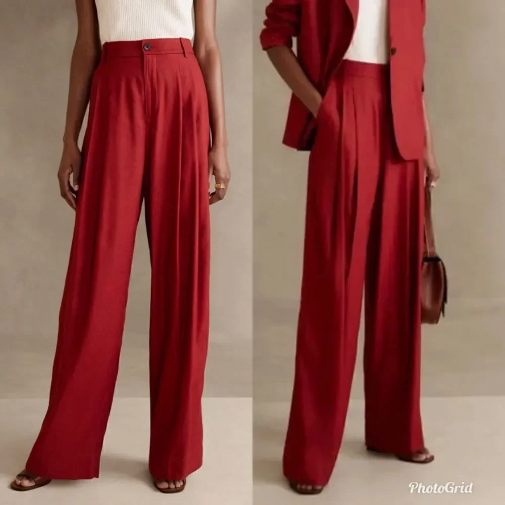 Banana Republic Cherry Red Lena Wide-leg Linen-blend Pant Trousers